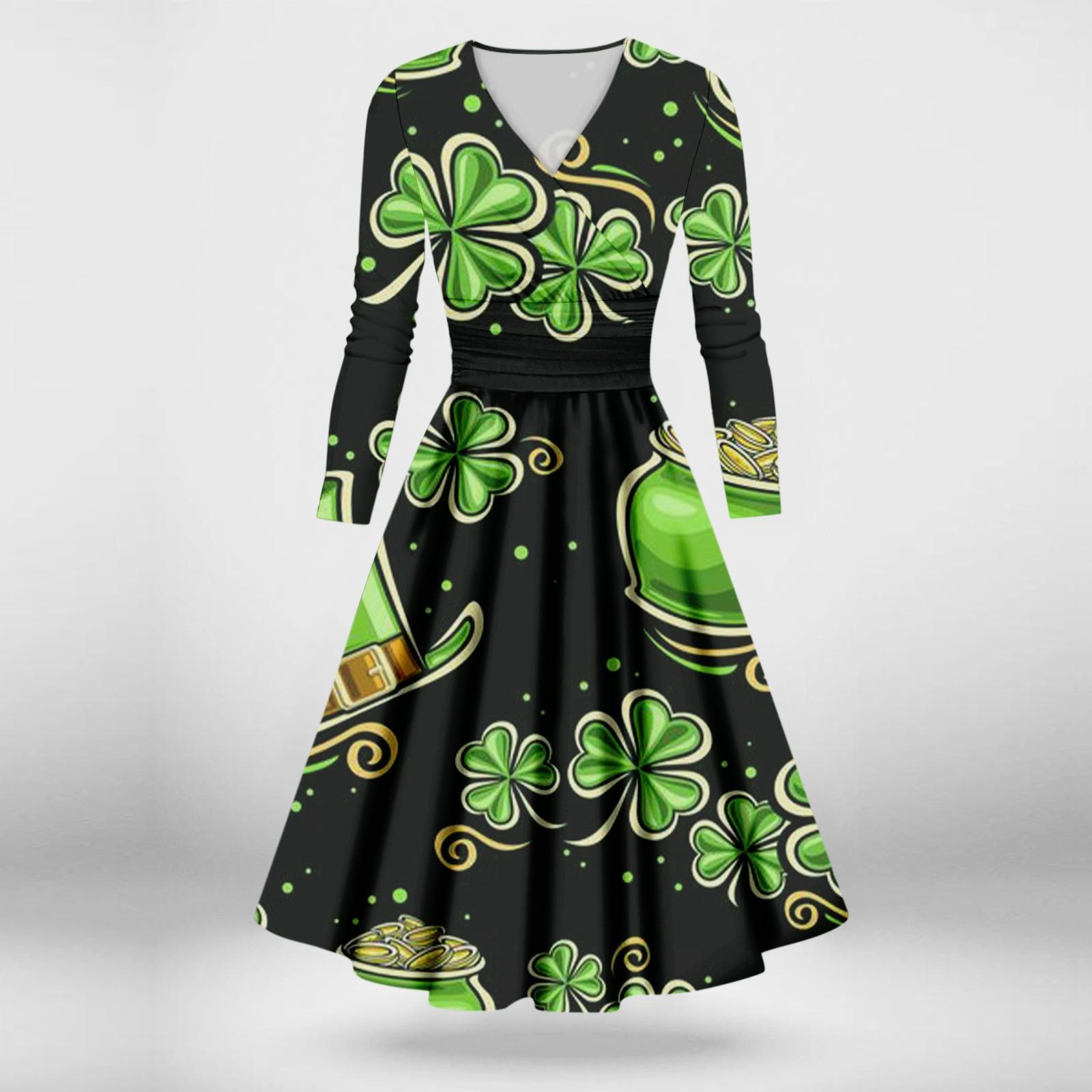 

Женская мода повседневная St. Сексуальное платье с принтом «День Патрика» с длинными рукавами и V-образным вырезом L армия зеленый