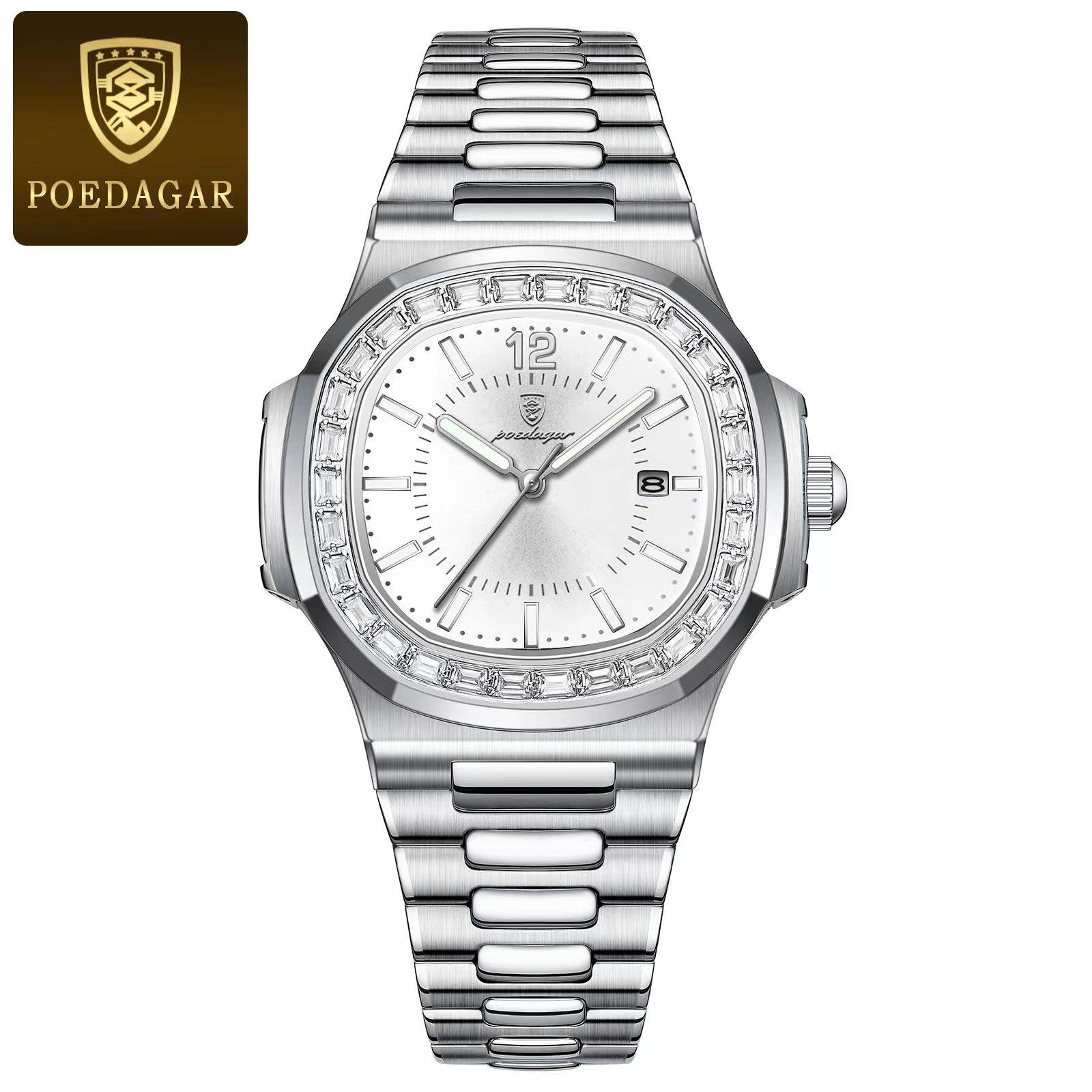 

POEDAGAR Luxury Man Quartz Watch Square Watch for Men Waterproof Luminous Date Stainless Steel Watches Sports Clock reloj серебряный/белый