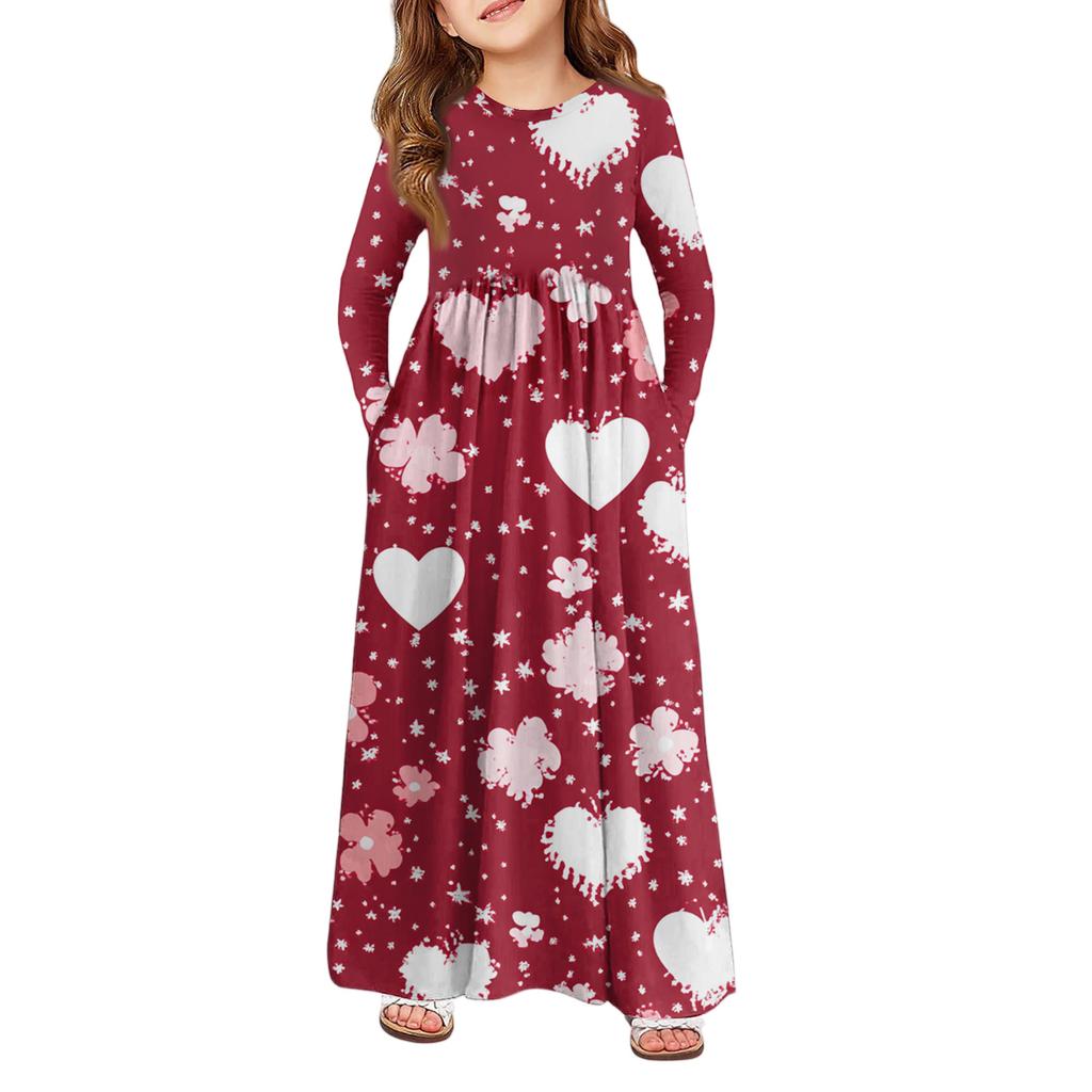 Girls' Maxi Dress - Long Sleeve Pocket Dress Valentine's Day