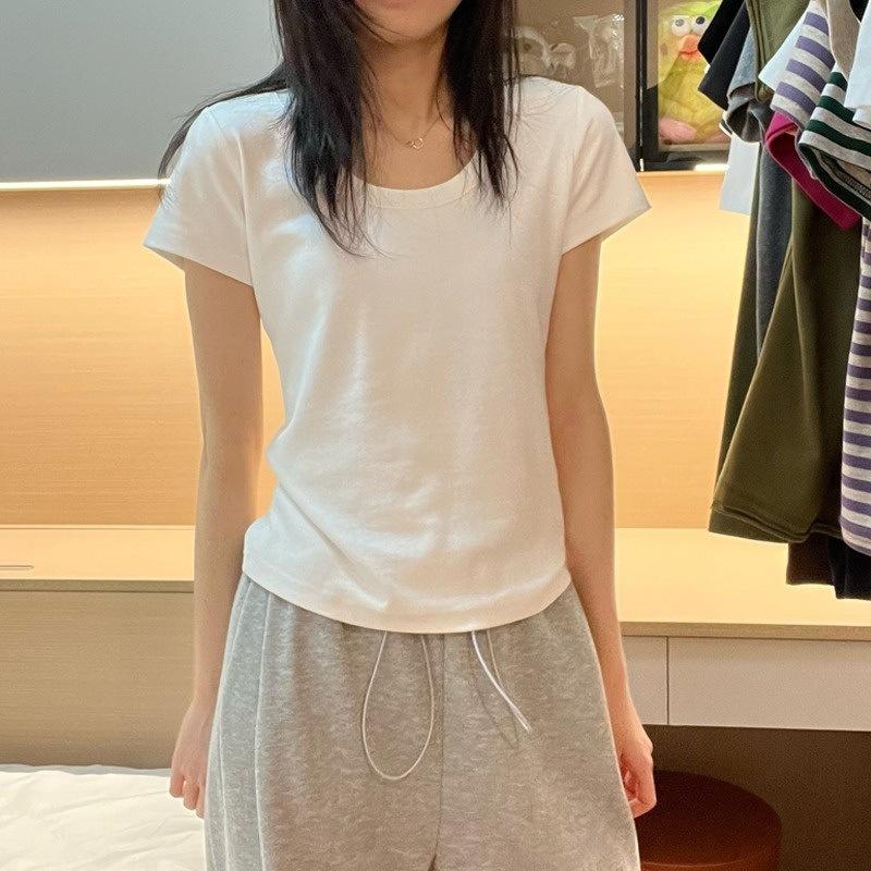 

Summer short-sleeved t-shirt women s shoulder simple basic water drop u-neck niche design sense slim and thin versatile top XL білий