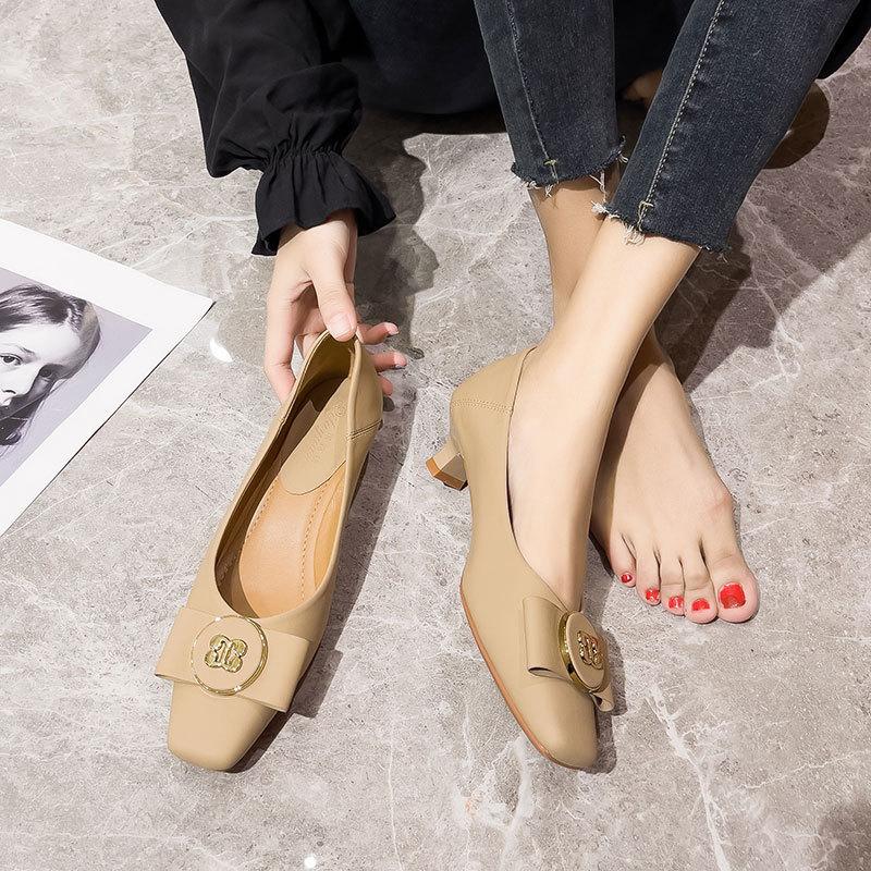 Square head low heel shallow mouth single shoes women's 2025 new spring and autumn women's shoes high heels women's thin heel French soft leather 