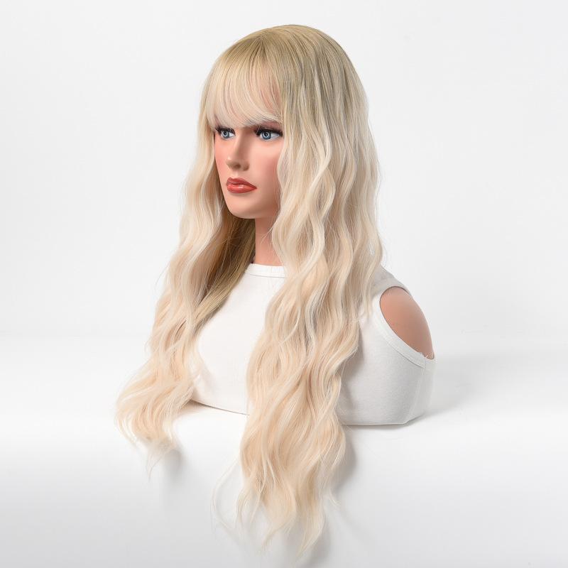 White Wig Female Playful Cute Air Bangs Long Curly Hair Big Wave Rose Net Full Hood