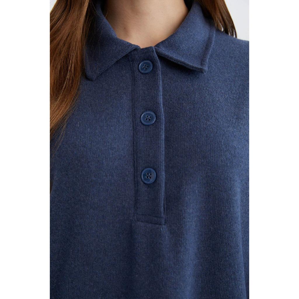 Buttoned Polo Neck Basic Plain Long Sleeve Selanik Fabric Maxi Knitwear Dress B7260ax24wn