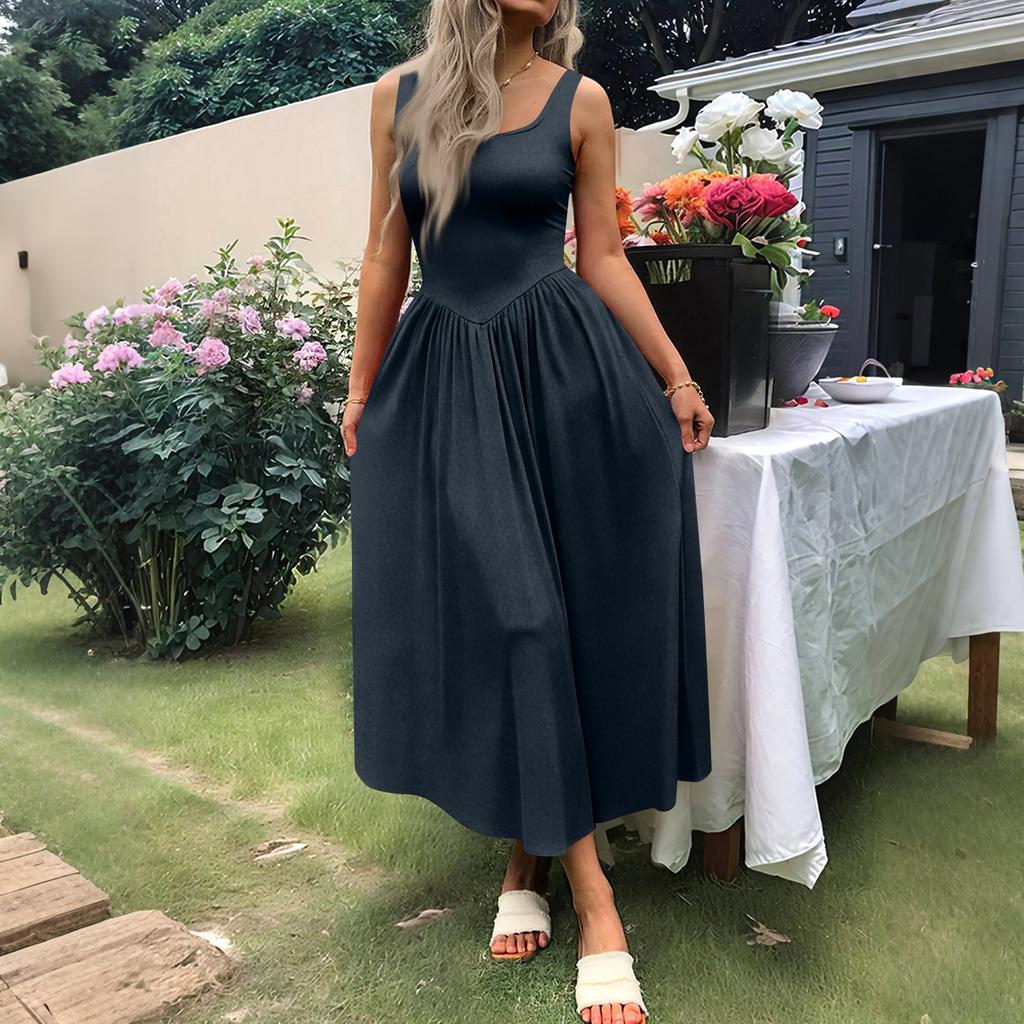 Women's Casual Dress With Square Neck, Long Sleeveless Maxi Dress For Daily Life, Women's Summer Dress