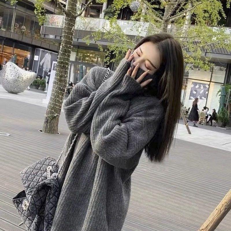 2025 Women's High Neck Knit Sweater - Mid-Length, Hip-Covering, Loose Fit, Autumn/Winter Thickened Base