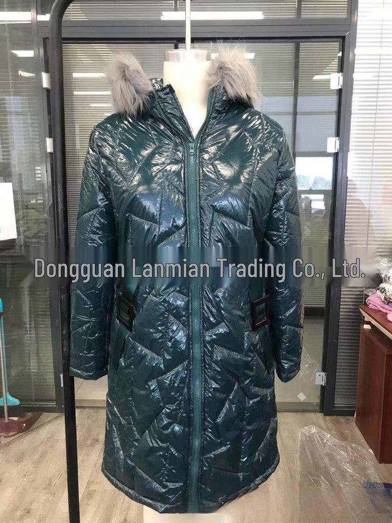 European & American Mid-Length Shiny PU Fur Collar Slim Fit Cotton Jacket 2024 - Fashionable, Warm Coat for Women.