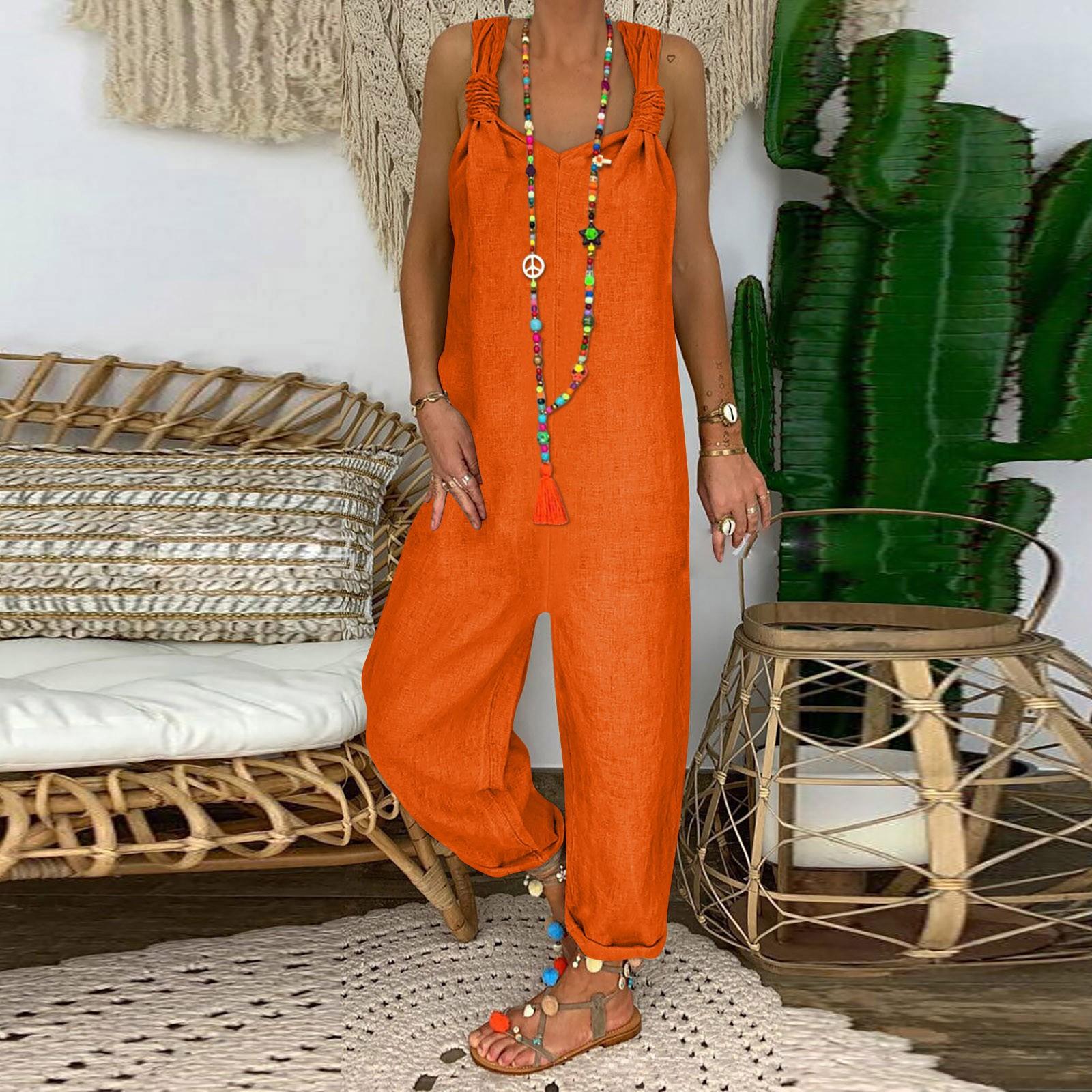 

Модные ретро богемные художественные свободные повседневные большие льняные брюки на подтяжках, комбинезоны XXL оранжевый