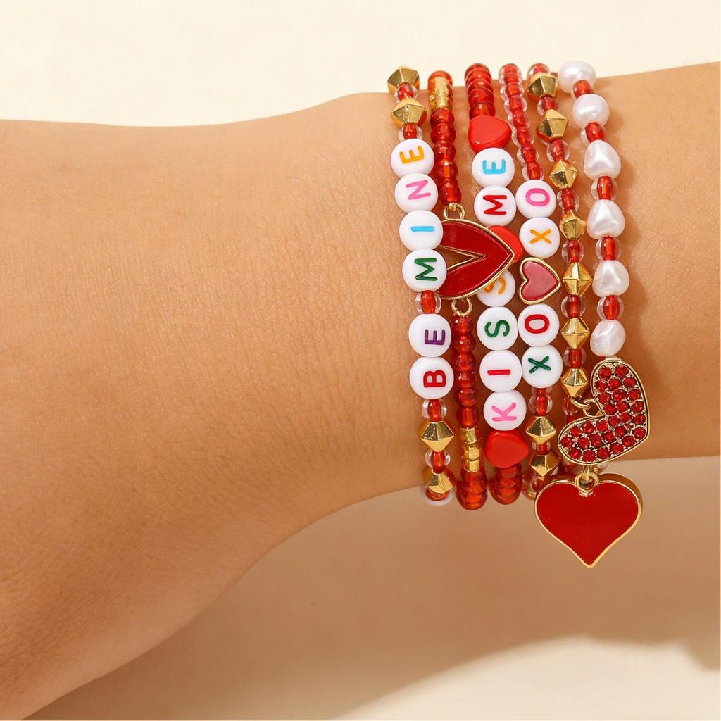 Valentine's Day Heart Beaded Bracelet Set: Women's Fashion Jewelry with Polymer Clay, Peach Heart, and Red Tones Elastic Design