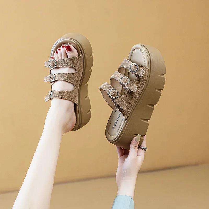 Fashion 7CM Suede Synthetic Microfiber Genuine Leather Sandals Summer Slipper Flats Women Chunky Sneakers Slippers Platform Wedge Shoes