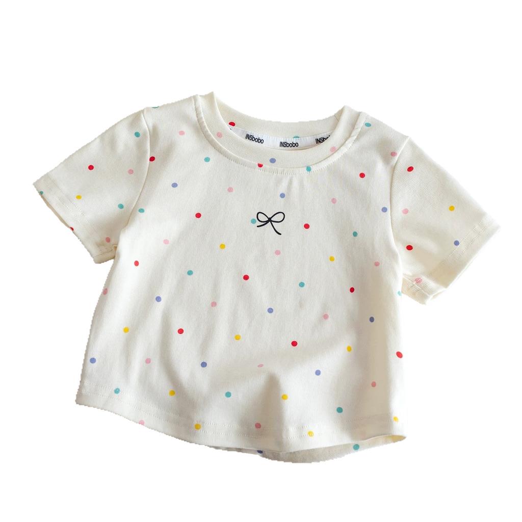 Girls' Cotton Short-sleeved T-shirt For Summer, Simple Children's Polka Dot Top