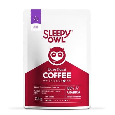 Kawa mielona Sleepy Owl Dark Roast | Kawa drobno mielona | Nadaje się do parzenia w kawiarce, domowym ekspresie do kawy | 100% Arabica | 250g