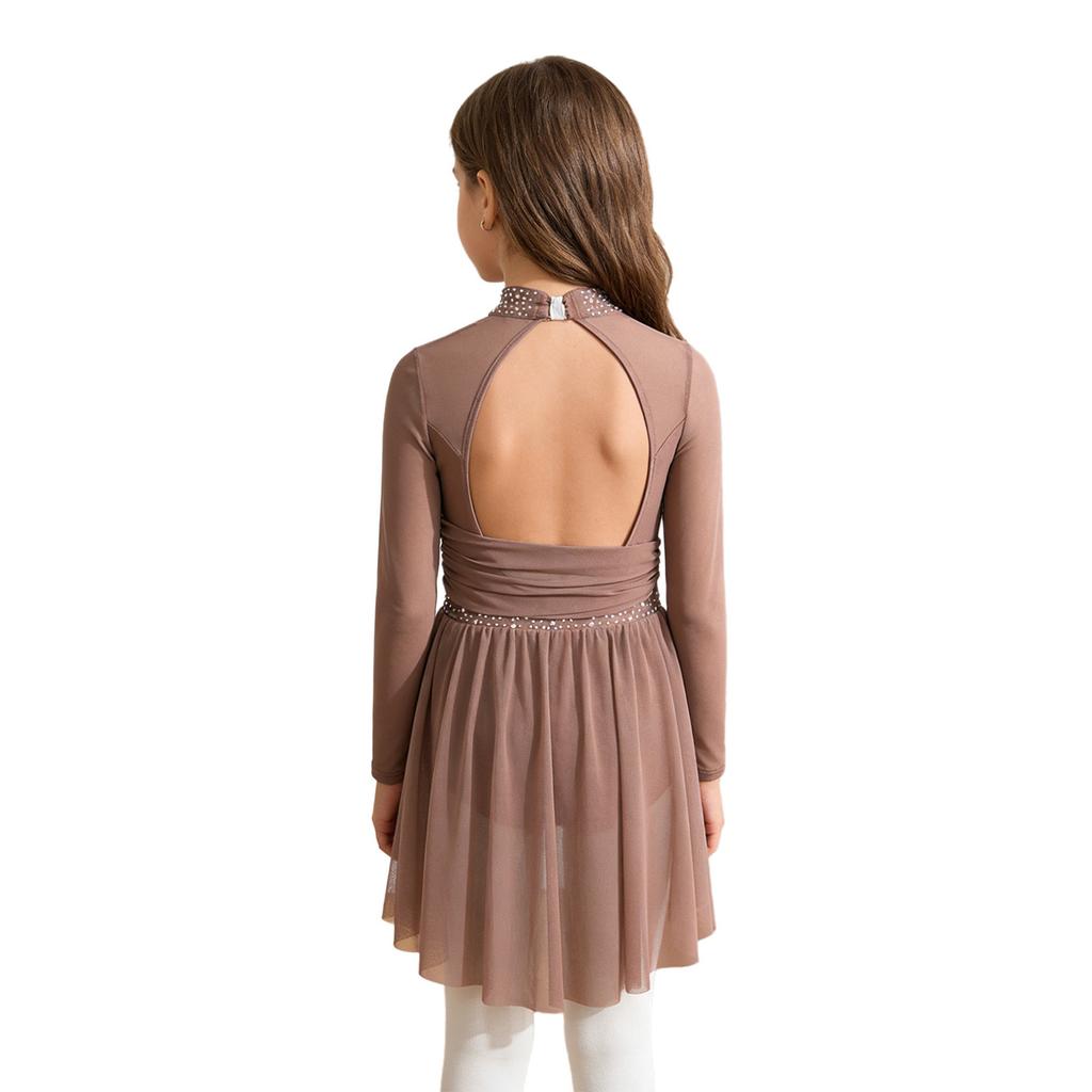 Girls Rhinestones Lyrical Dress Long Sleeve Mock Neck Cutout Back Side Split Sheer Mesh Ruched Costume