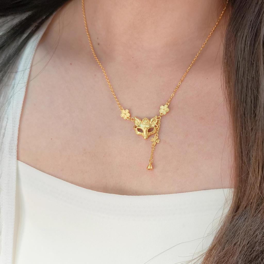 Sterling Silver Fox Mask Necklace with Gilded Flower Tassel - Chinese Style Jewelry, Perfect Birthday Gift for Women