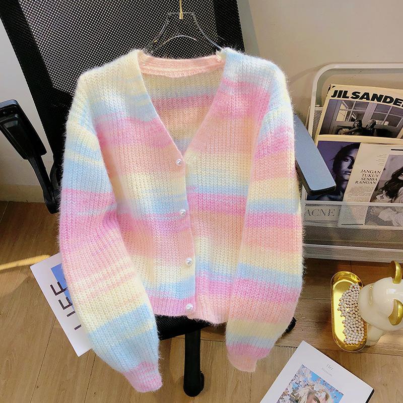 

Autumn and winter new sweet gentle wind knitted sweater v-neck cardigan lazy pole gradual change rainbow sweater sweater outside one size fits all