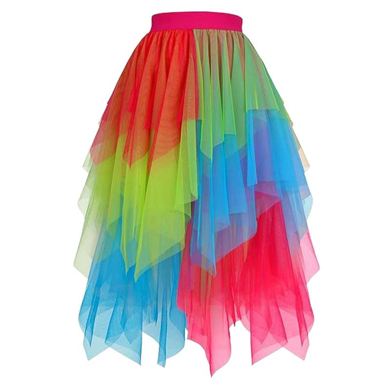 

Halloween Performance Neon Dance Party Cheerleading Skirt Colourful Asymmetrical Princess Dress High-waisted Fluffy Layered Tulle Tutu Skirt S