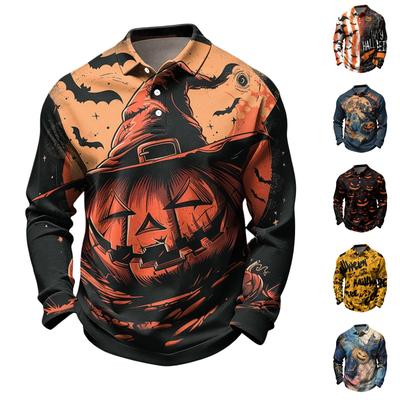 Men's Long Sleeve Quick Dry Mesh Golf Shirt, Halloween Print, Breathable Wicking Casual Top for Fall Golf