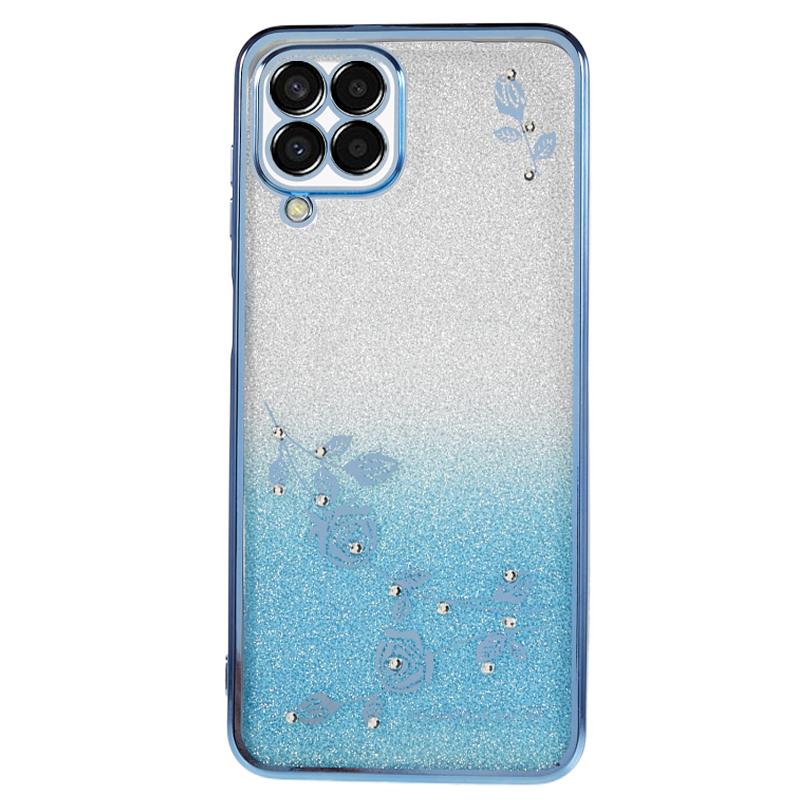 

KADEM For Samsung Galaxy M33 5G (Global Version) Gradient Glitter TPU Case Flower Pattern Bling Rhinestone Cover Blue