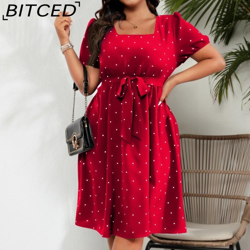 BITCED Plus Size Women's Elegant Vintage Polka Dot Waist-Tied Square Neckline Full-Skirt Dress