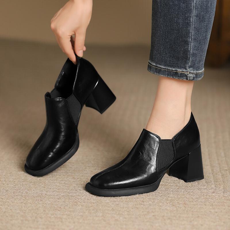 Fashion NEW Spring/Autumn Women Pumps Square Toe Chunky Heel Shoes Split Leather Shoes for Women Concise Slip-on Handmade Women Shoes