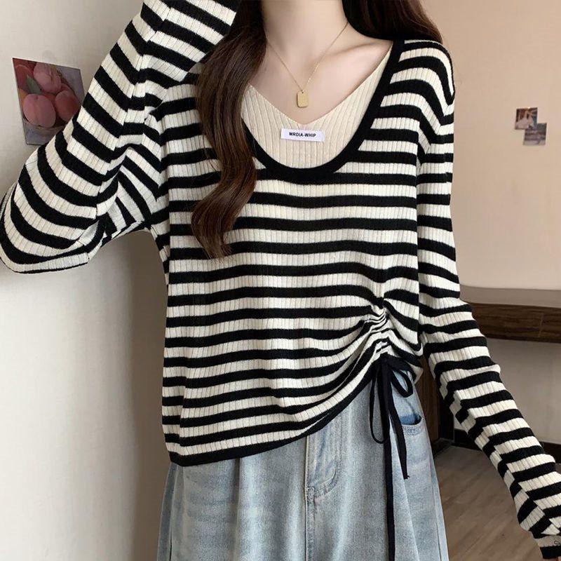 

Женский вязаный свитер в полоску большого размера с длинными рукавами - Приталенный двухпредметный вид 2XL (140-160 jin)