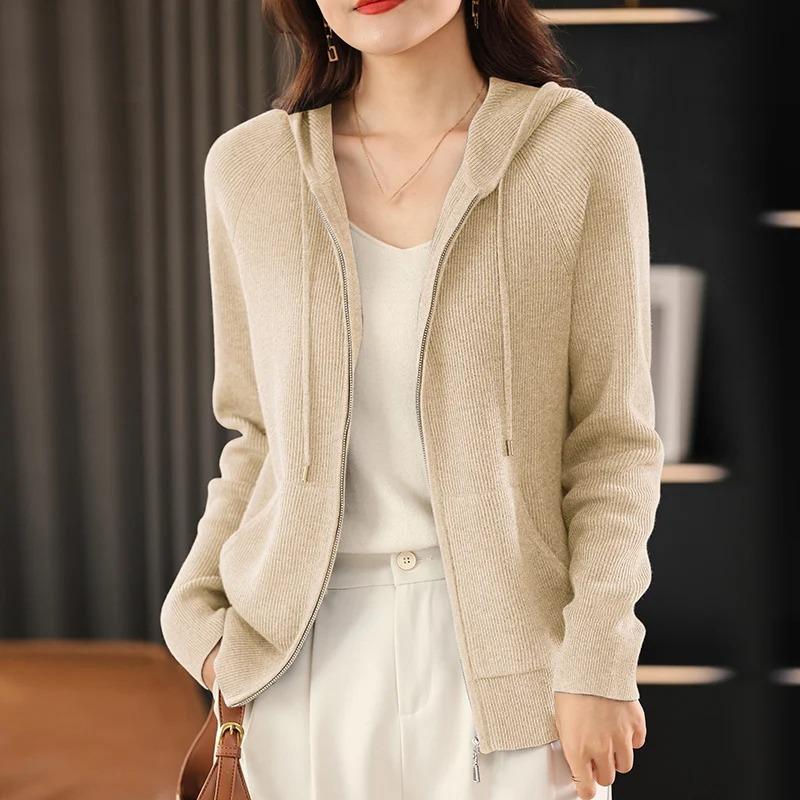 Damen Herbst Winter Wollmischung Pullover Mit Kapuze Verdickt Gestrickt Reißverschluss Strickjacke Mit Tasche Basis Mantel