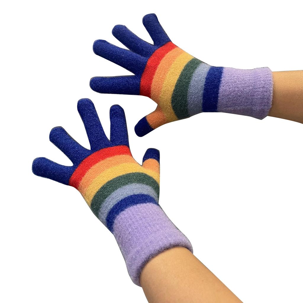 Girls 2 Finger Exposed Gloves Full Finger Warm Mittens with Striped Pattern Knitted Mittens for Women Winter Supplies