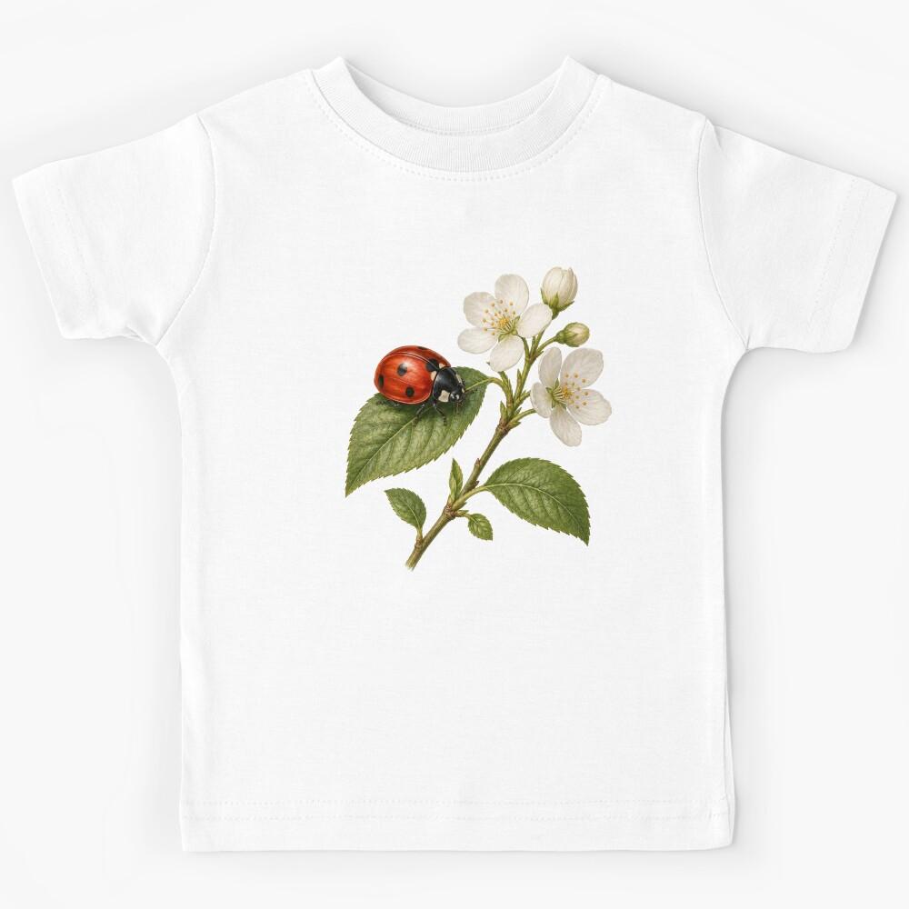 Charming Ladybug Botanical Illustration | Nature Insect Floral Art Kids T-Shirt 130