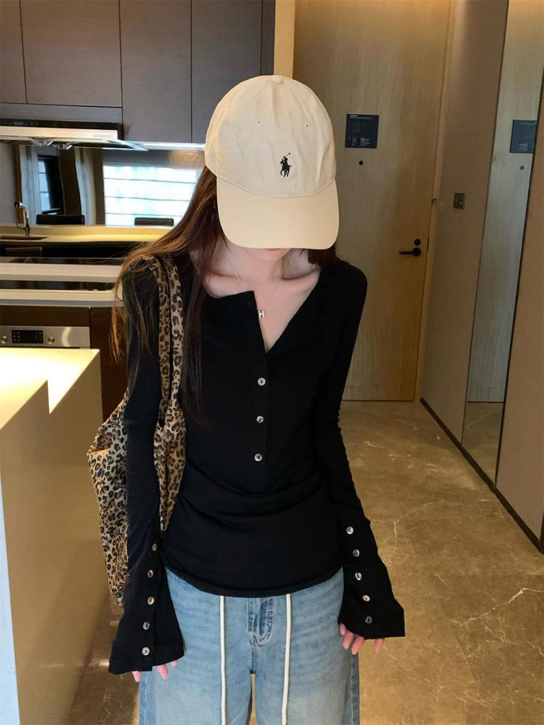 Autumn Korean Style Slimming Long-Sleeve Button-Up T-Shirt