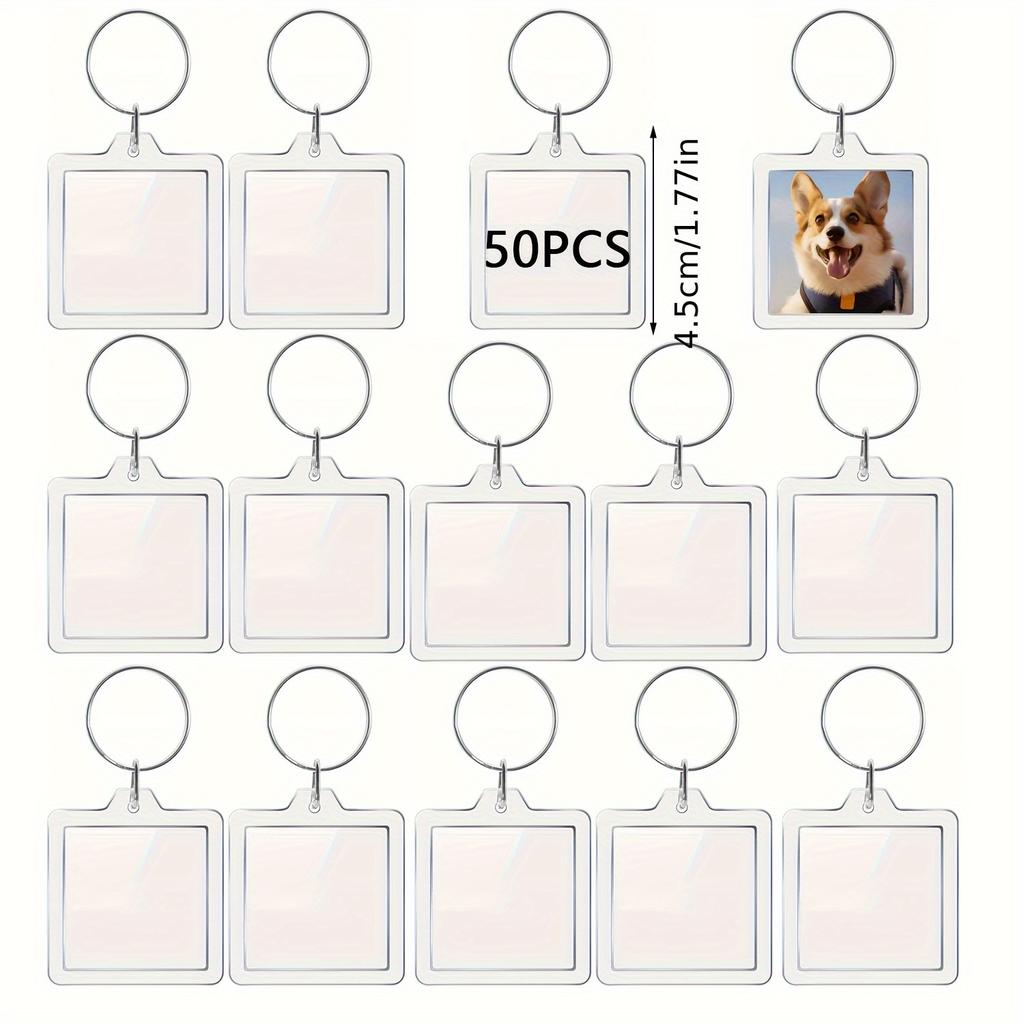 50/100pcs Clear Acrylic Photo Frame Keychains DIY 2D Picture Holders Frame Keychain Kit with Silvery Ring for Backpacks Car Keys