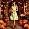 Women Halloween Print Sleeveless Shoulder Strap Dress Pumpkin Skull Pattern A-Line Swing Party Dress