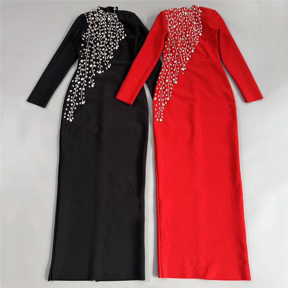 Elegant European & American Rhinestone Beaded Long-Sleeve Slim Fit Party Dress