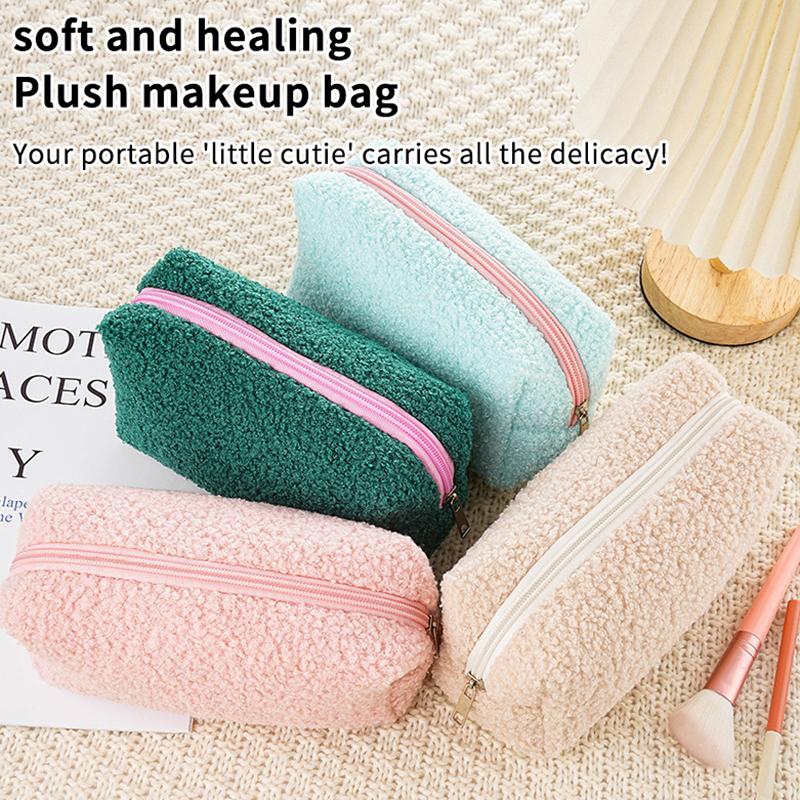 2026 Cute Zipper Plush Large Solid Color Cosmetic Bag Makeup Bag For Women Travel Make Up Toiletry Bag Washing Pouch Pen Pouch