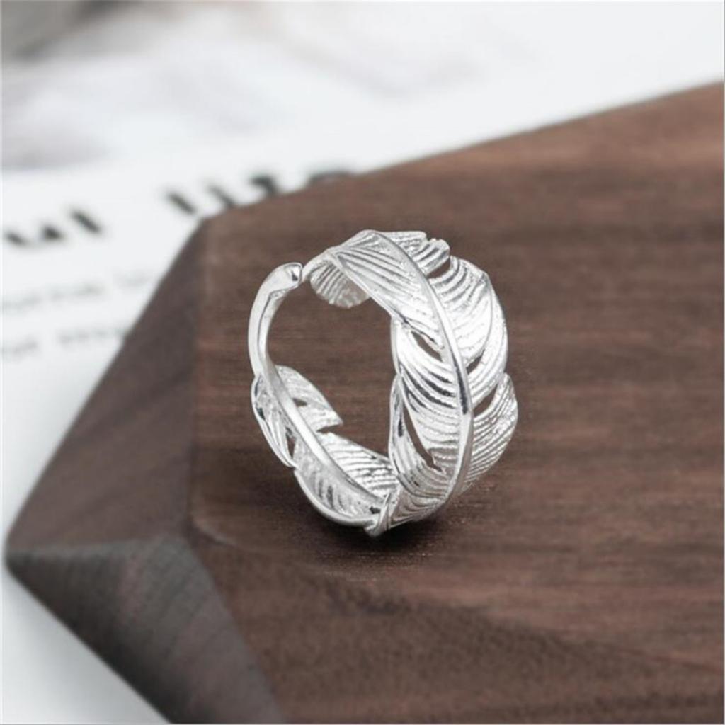 Vintage Silver Color Feather Opening Rings For Women Men Trendy Minimalist Tree Leaf Feather Finger Rings Punk Party Jewelry