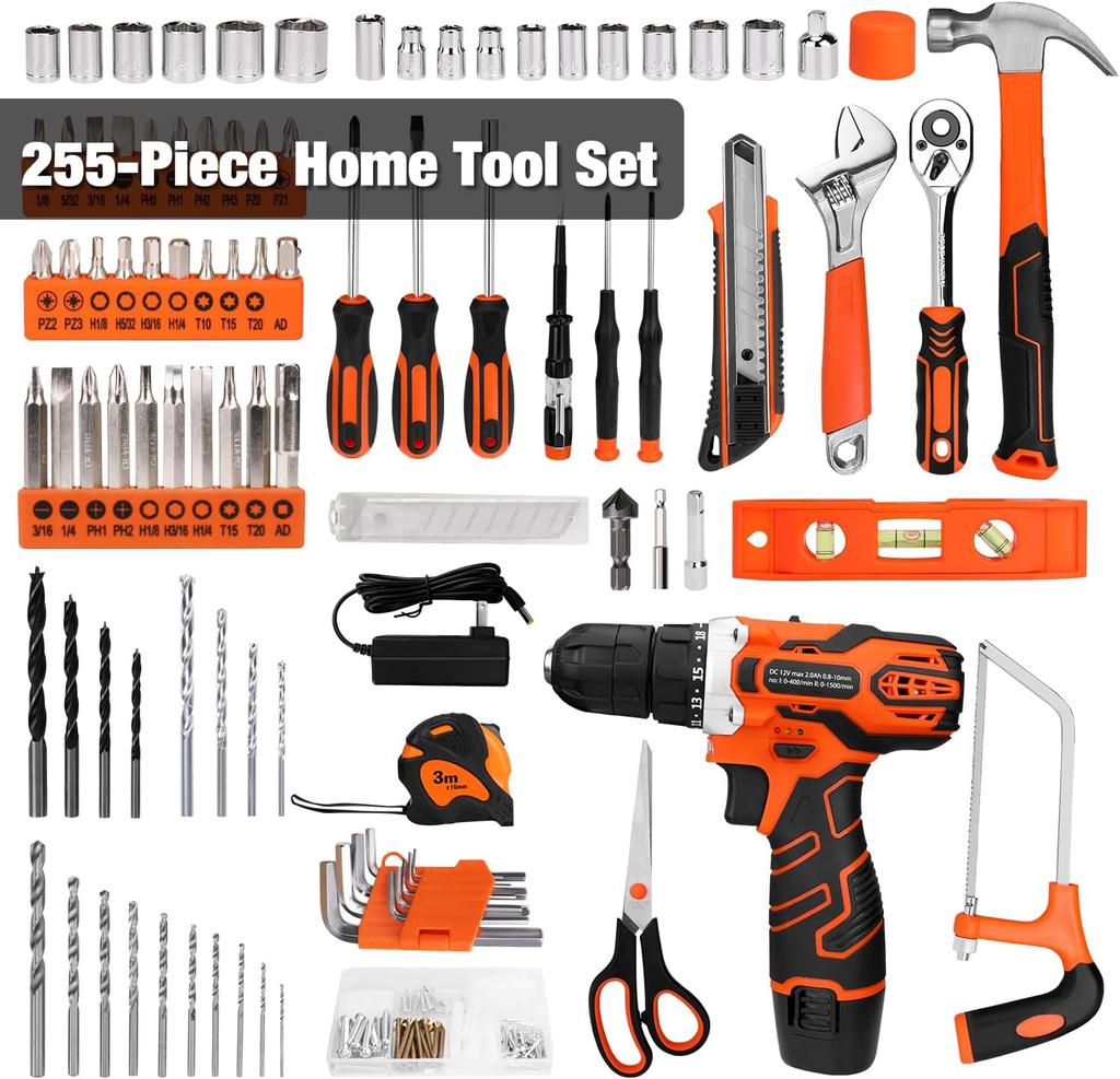 255-Piece Tool Set with 12V Cordless Drill, Storage Case, DIY & Home Repair Kit