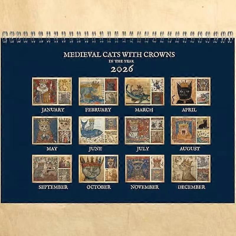 2026 12-Month Medieval Cats Crown Wall Calendar, Royal Feline Art for Home & Office Wall Decoration