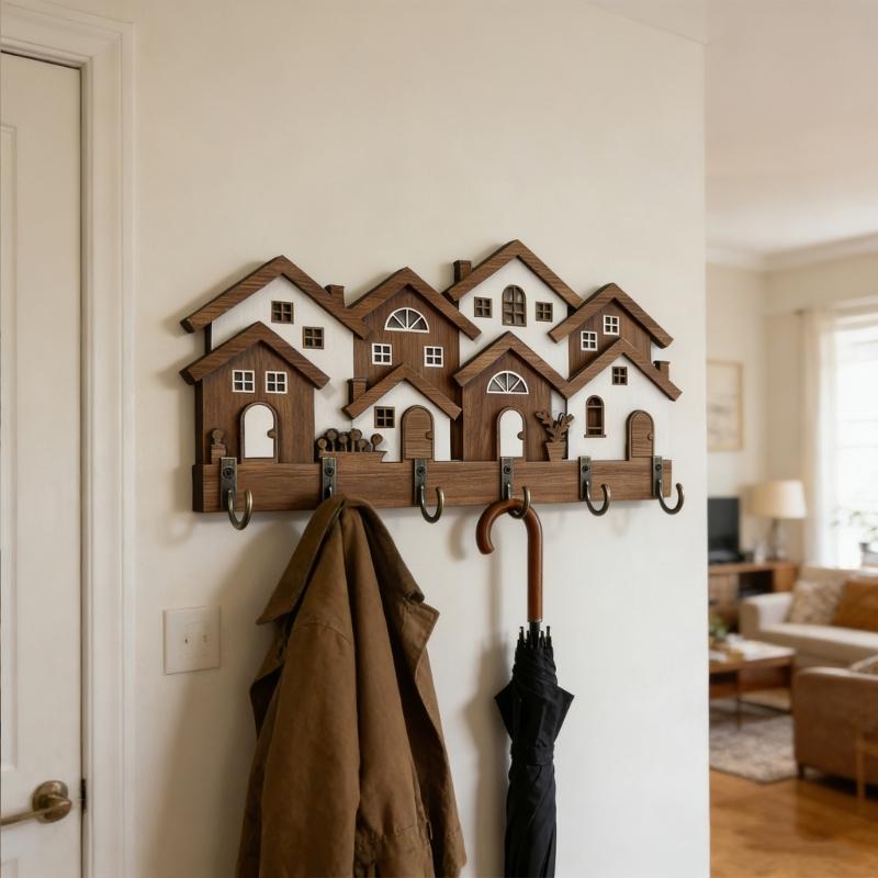 Retro Inspires Wood Key Holder With 3D House Shape Decorative Wooden Hanger For Keys And Small Items