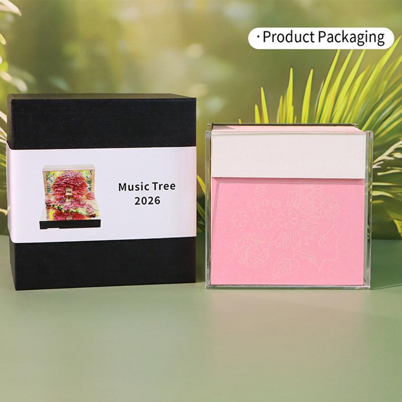Music Time Piece Calendar 2026 Desk Calendar With Led Light 3D Tear-Away Calendar Paper Carving Art Memo Pad Notepad Christmas