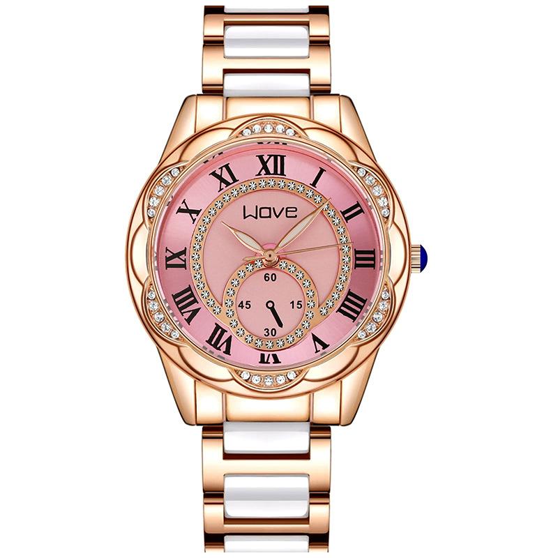 Langjue Diamantbesetzte Uhr Damen Spitze Zifferblatt Imitation Keramik Damen Uhr Mode Temperament Quarz Uhr