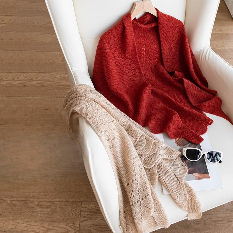 Pure Cashmere Scarf and Shawl High End Outerwear  Women's Thin Knitted French Hollow Triangle Scarf Scarf and Shawl