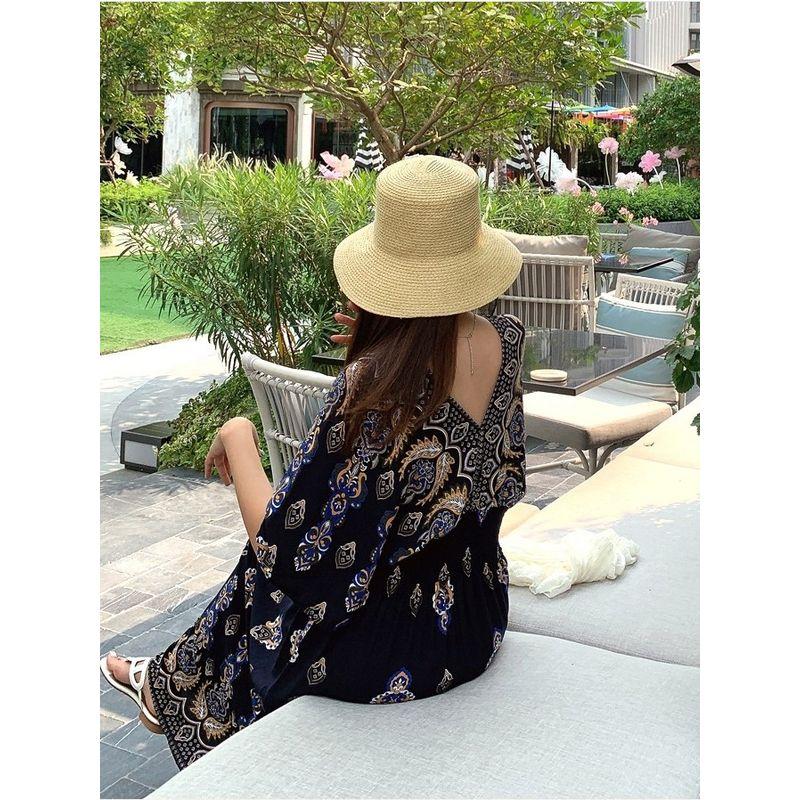 Korean Style Plus size women clothing V-neck Ethnic Style Print Waist Hugging Fashion Loose Batwing Sleeve Dress Long dress XL-5XL