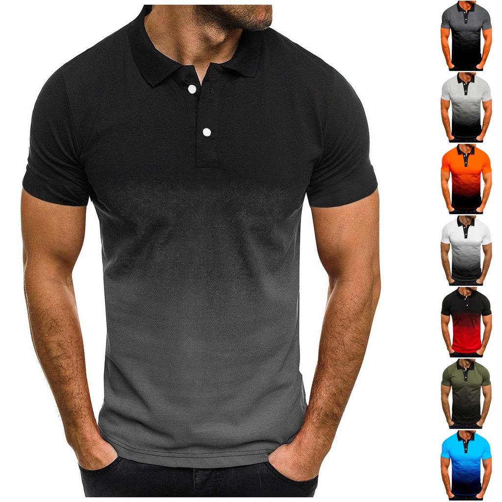 Men's Fashion Casual Short Sleeve Gradient Printed Lapel T-Shirt Tops