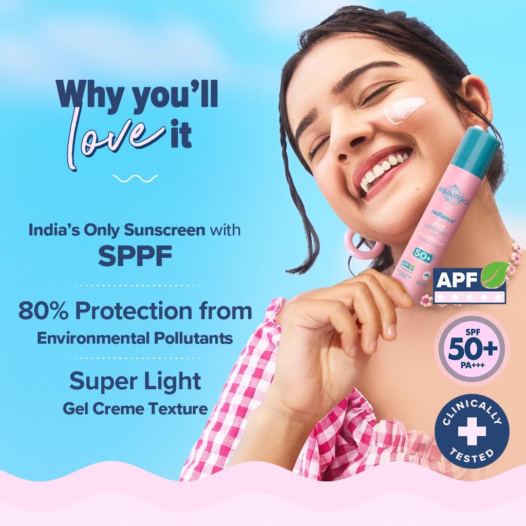 Aqualogica Radiance+ Crema Solare Idratante con Anguria & Niacinamide con SPF 50 & PA++++ - 50g | Ampio Spettro SPF 50+ PA++++ | UVA/B & Luce Blu