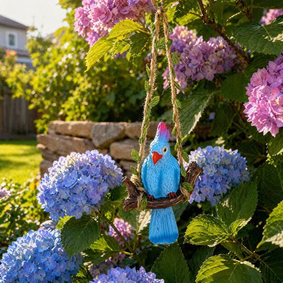 Hanging Parrot Garden Statue Resin Tropical Bird Swing Figurine Outdoor Animal Sculpture for Patio Lawn Garden Balcony Tree Decor