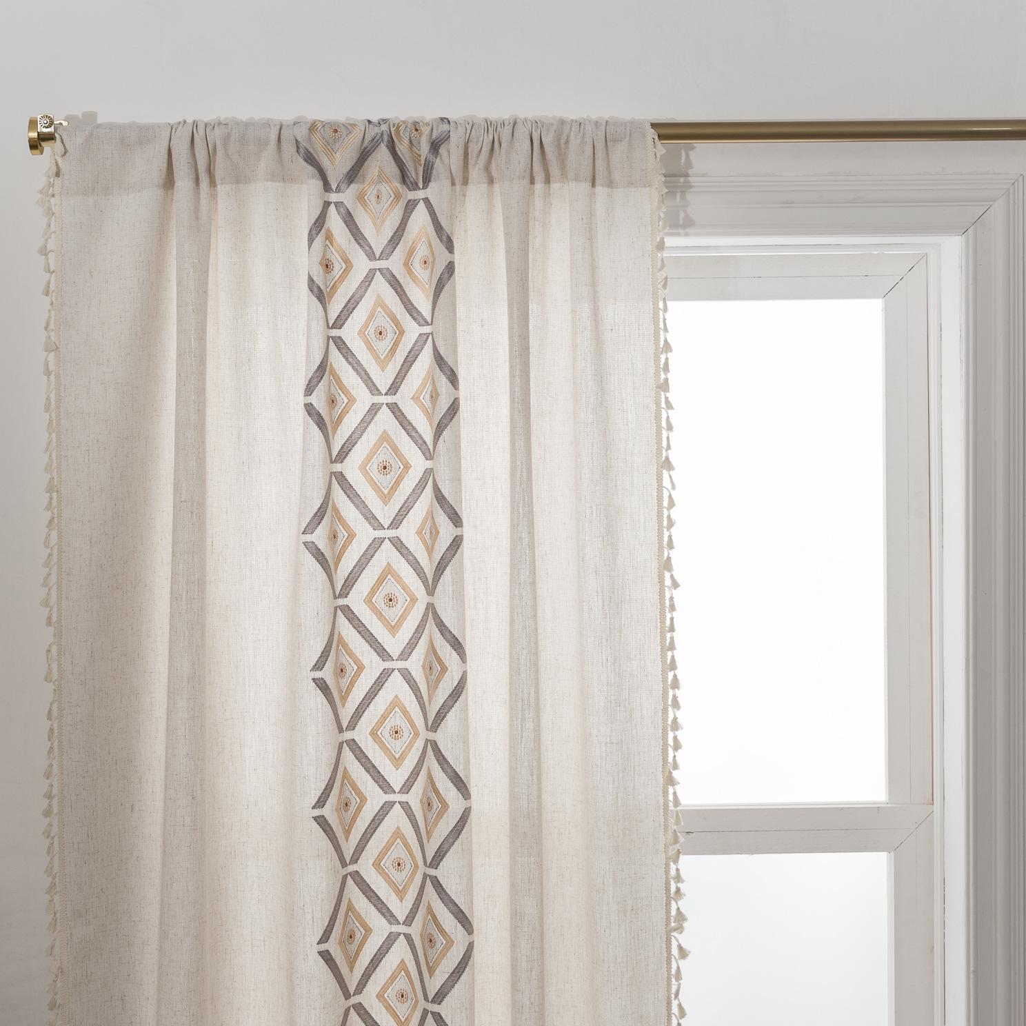 

Curtain Finished Cotton And Linen Fabric Embroidery Fringed Lattice Bay Window Curtain Height 45 * Width 132cm