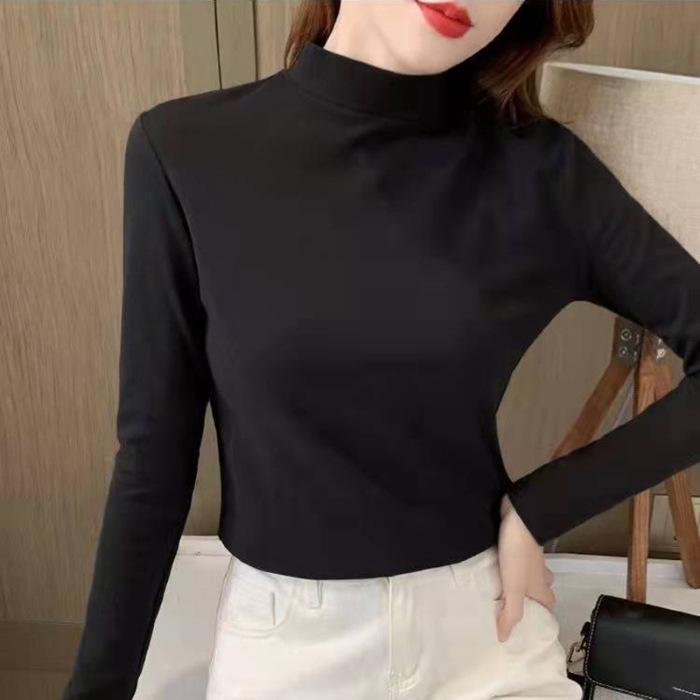 Women's Half High Neck Slim Fit Warm T-Shirt - Autumn/Winter Solid Color.
