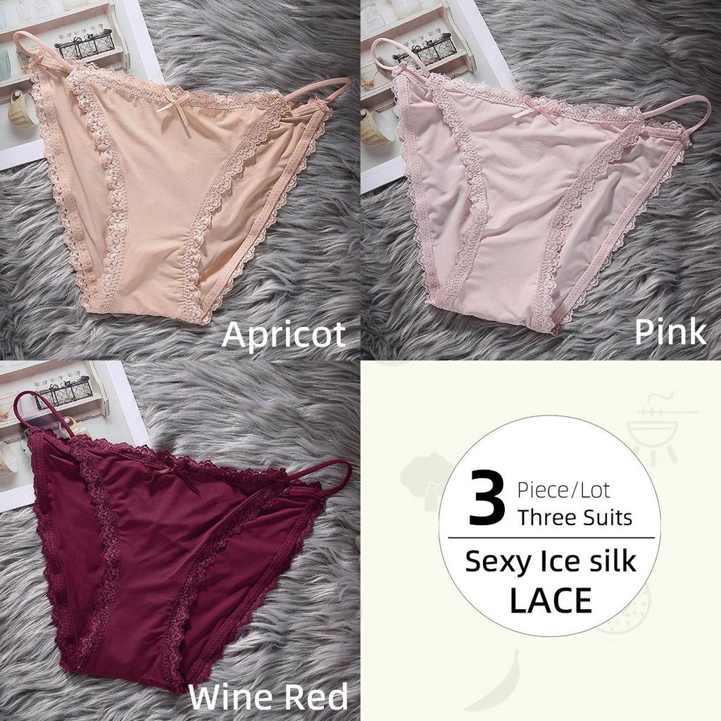 Ice Silk Girls Panty Women's Sensual Spaghetti Straps Breathable Cotton Crotch Low Waist Lace Edge Panties