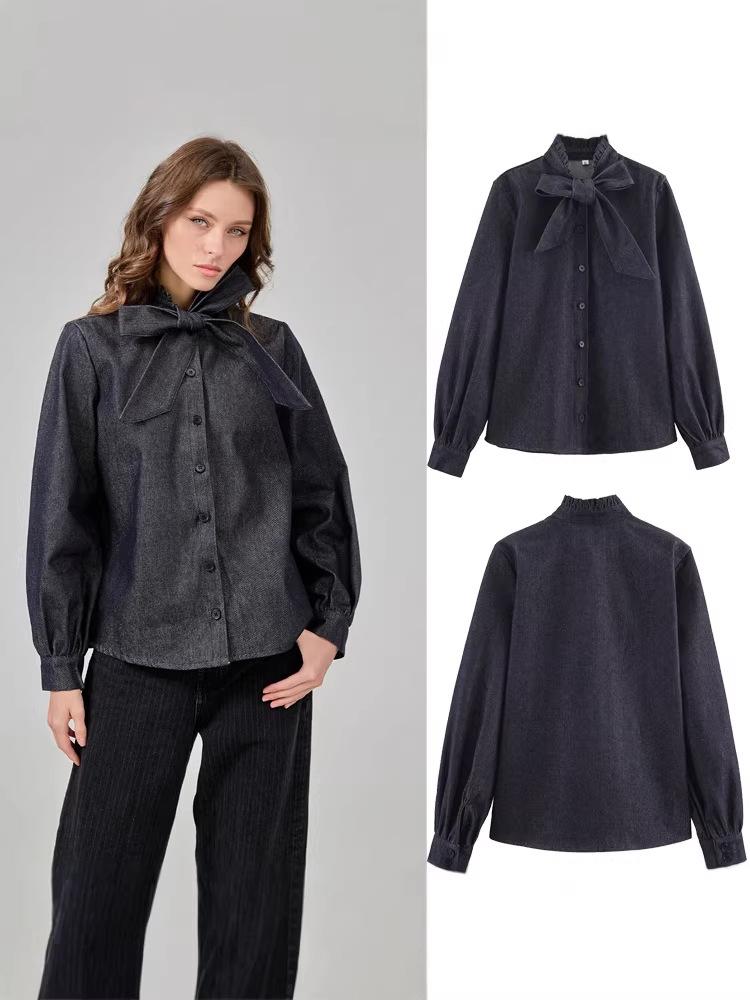 Women's Versatile Bow-Accent Long Sleeve Denim Shirt