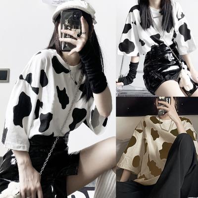 SHO Women Potlač kravy Nadrozmerné Ležérne tričko s voľným krátkym rukávom Streetwear Tops