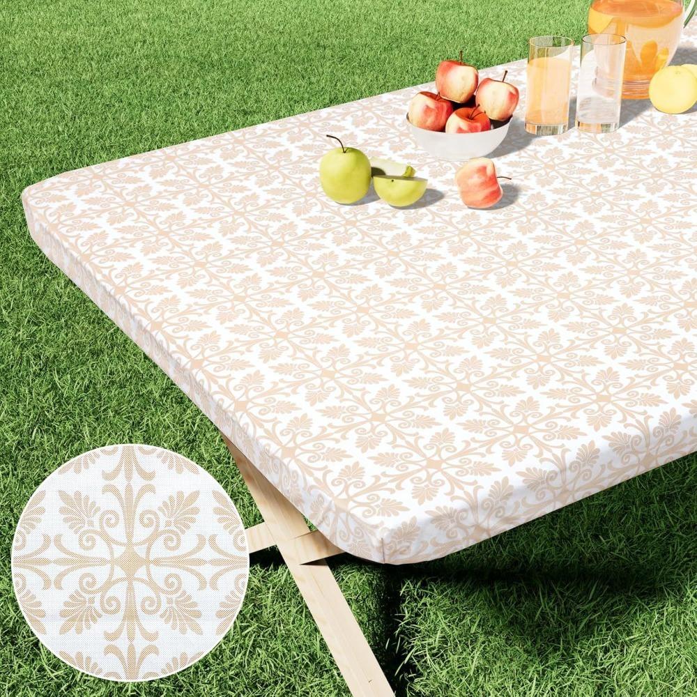Waterproof Baroque Print Elastic Fitted Tablecloth Rectangular Outdoor Fold Table Cover  Picnic