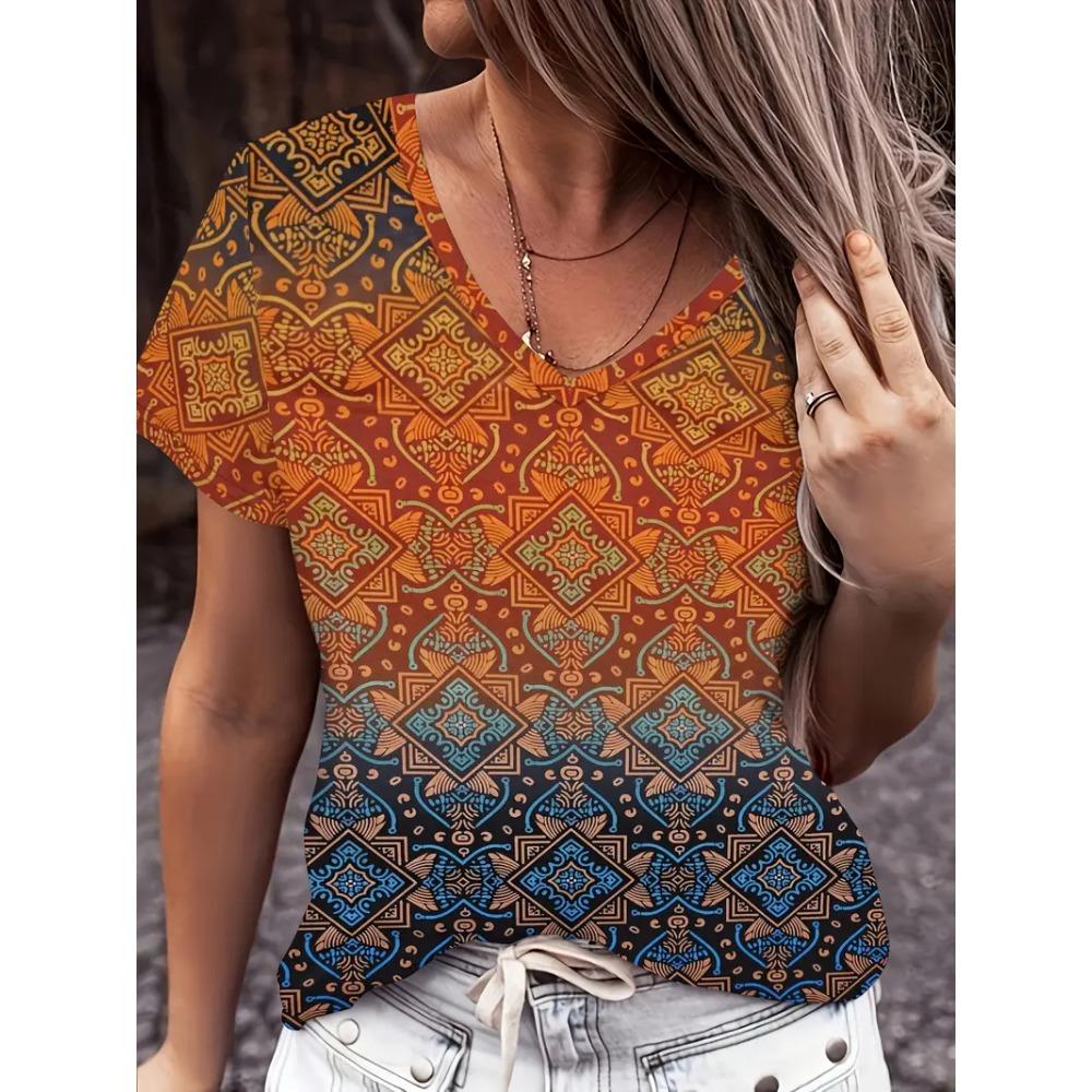 Fashion Women's V-neck T-shirt Summer Outdoor Street Trend Short-sleeved Blouse Floral Print Pattern Loose Clothing